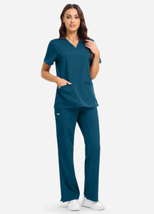 Women's Classic V-Neck Scrub Set with 7 Pockets in Peacock Blue