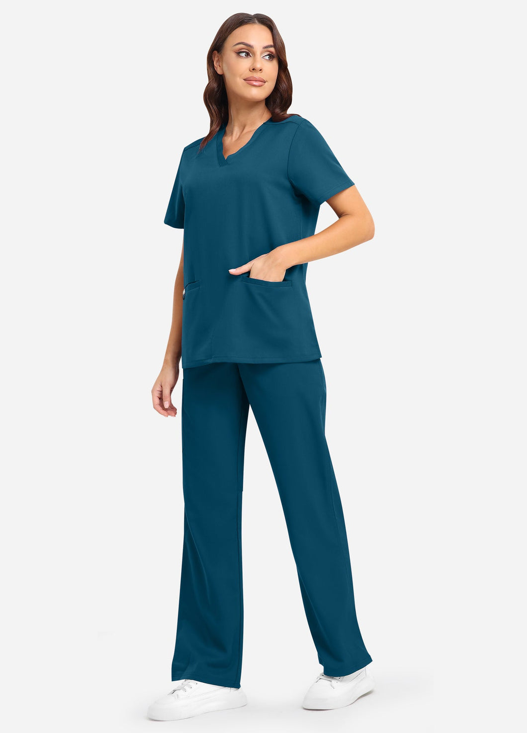 Women's Classic V-Neck Scrub Set with 7 Pockets in Peacock Blue