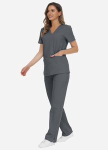 Women's Classic V-Neck Scrub Set with 7 Pockets in Graphite